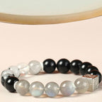 Fortune Jewel Black Obsidian Black Rutilated Quartz Moonstone Cube Strength Bracelet