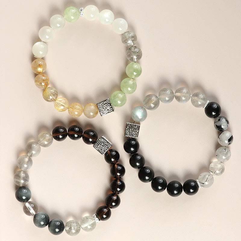 Fortune Jewel Black Obsidian Black Rutilated Quartz Moonstone Cube Strength Bracelet