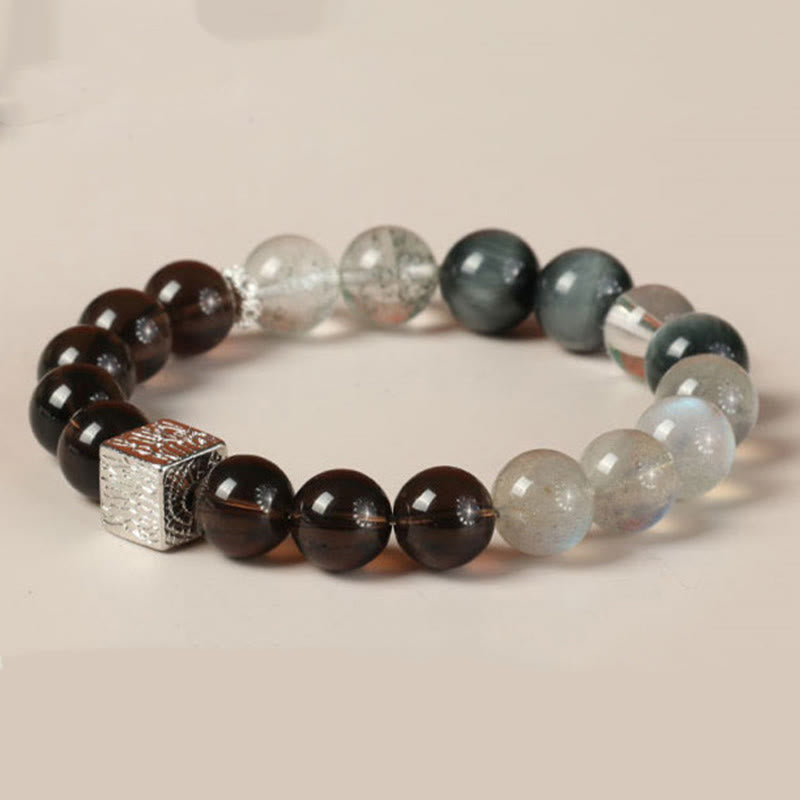 Fortune Jewel Black Obsidian Black Rutilated Quartz Moonstone Cube Strength Bracelet