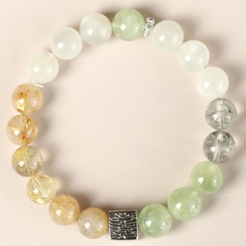 Fortune Jewel Black Obsidian Black Rutilated Quartz Moonstone Cube Strength Bracelet