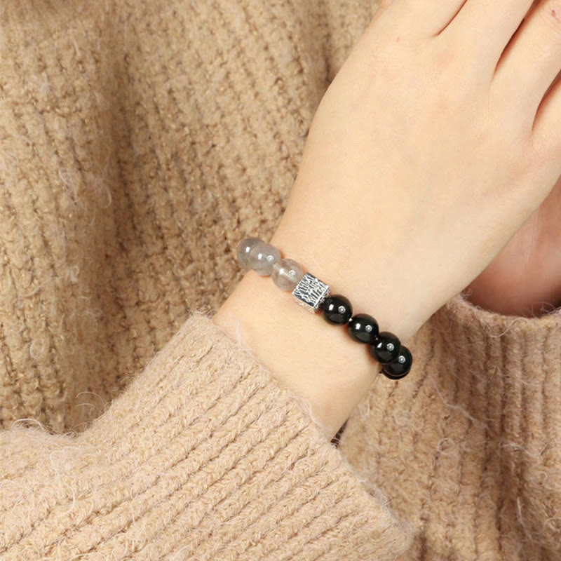 Fortune Jewel Black Obsidian Black Rutilated Quartz Moonstone Cube Strength Bracelet