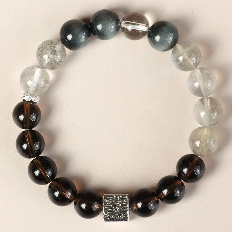 Fortune Jewel Black Obsidian Black Rutilated Quartz Moonstone Cube Strength Bracelet