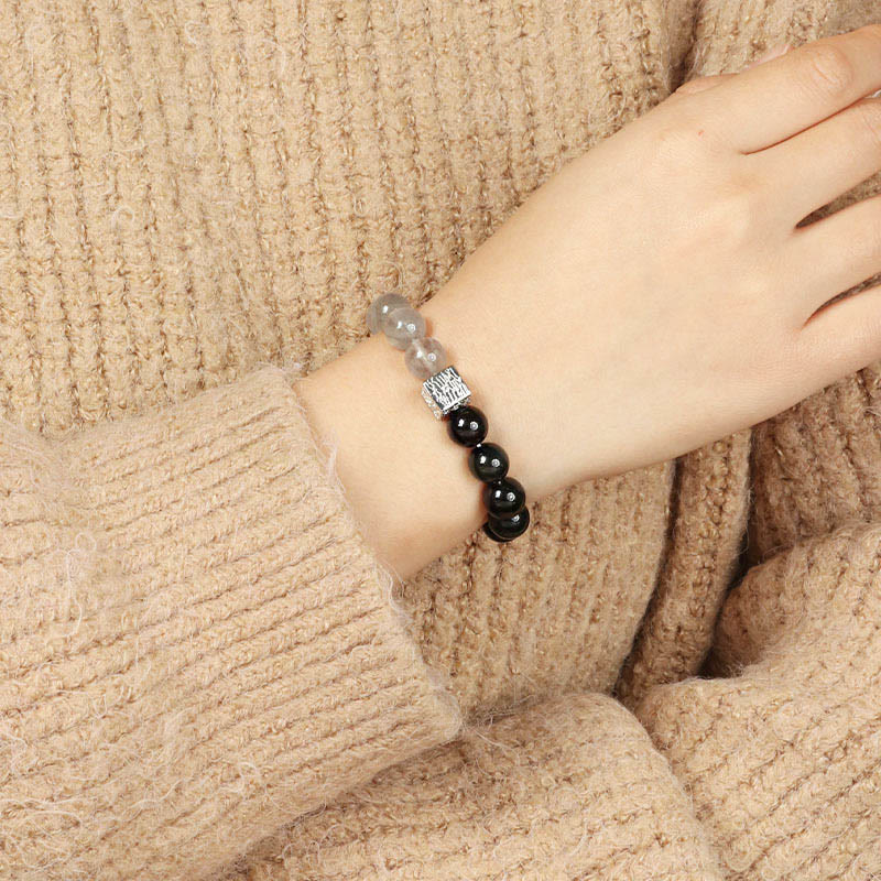 Fortune Jewel Black Obsidian Black Rutilated Quartz Moonstone Cube Strength Bracelet