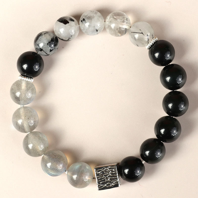Fortune Jewel Black Obsidian Black Rutilated Quartz Moonstone Cube Strength Bracelet