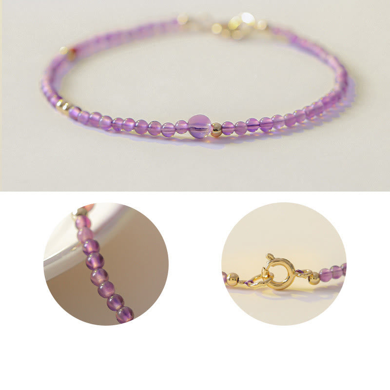 Fortune Jewel 2mm Ultra-Thin Beads Natural Amethyst 14k Gold Plated Copper Inner Peace Meditation Bracelet