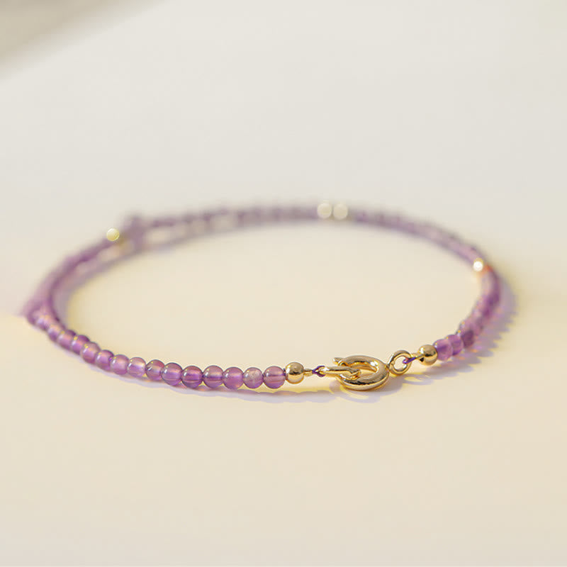 Fortune Jewel 2mm Ultra-Thin Beads Natural Amethyst 14k Gold Plated Copper Inner Peace Meditation Bracelet