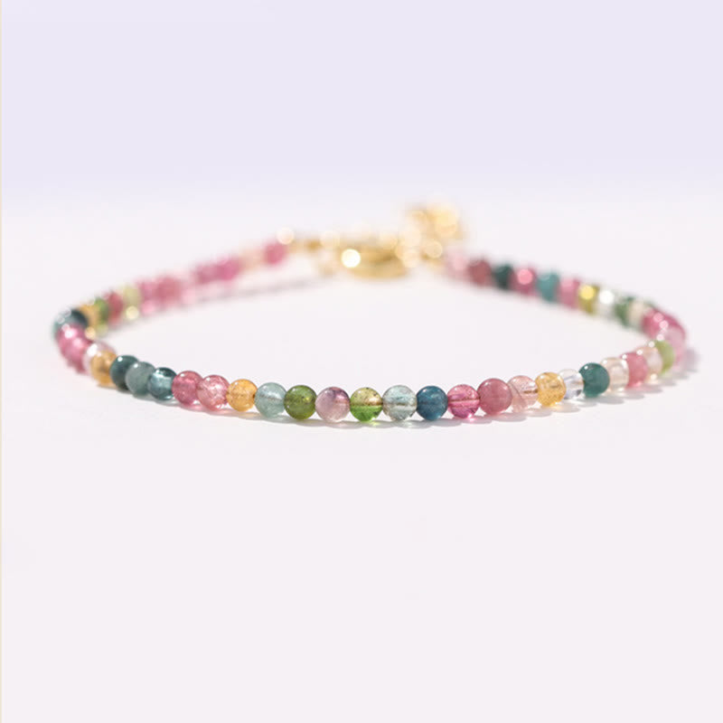 Fortune Jewel 2mm Multicolor Tourmaline Ultra-thin Beads 14k Gold Plated Copper Wisdom Bracelet