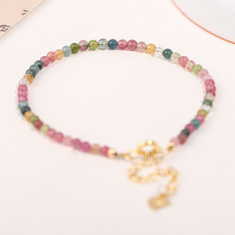 Fortune Jewel 2mm Multicolor Tourmaline Ultra-thin Beads 14k Gold Plated Copper Wisdom Bracelet