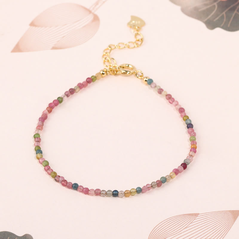 Fortune Jewel 2mm Multicolor Tourmaline Ultra-thin Beads 14k Gold Plated Copper Wisdom Bracelet