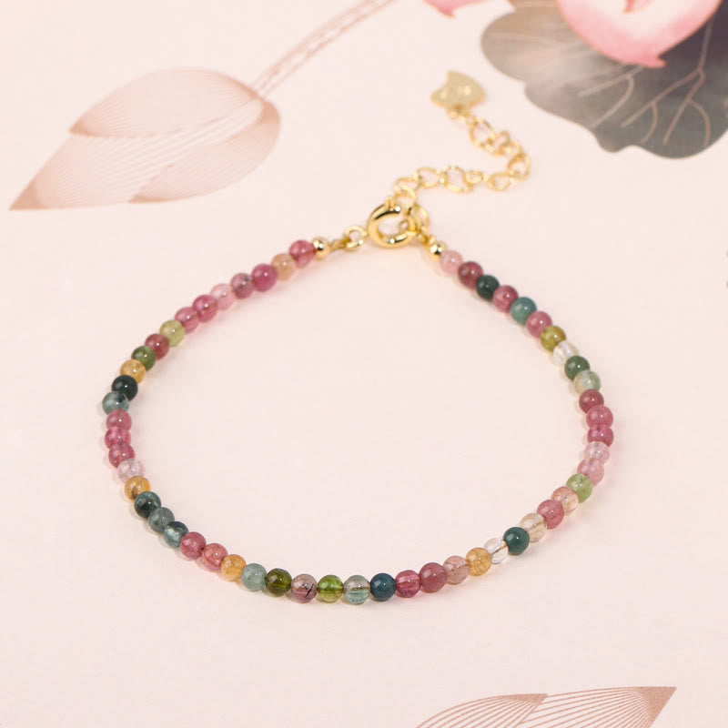 Fortune Jewel 2mm Multicolor Tourmaline Ultra-thin Beads 14k Gold Plated Copper Wisdom Bracelet