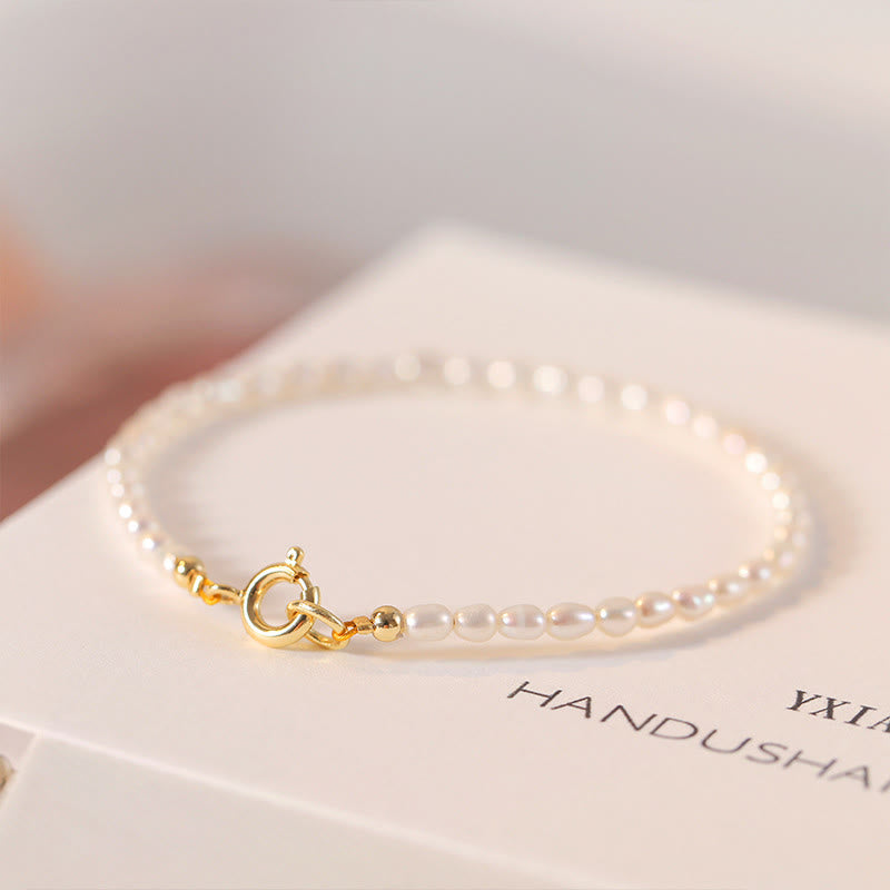 Fortune Jewel 2mm Natural Pearl Ultra-thin Beads 14k Gold Plated Copper Wisdom Bracelet