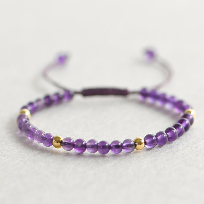 Fortune Jewel 4mm Handmade Natural Amethyst 14k Gold Plated Copper Beads Braided String Relieves Stress Bracelet
