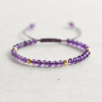 Fortune Jewel 4mm Handmade Natural Amethyst 14k Gold Plated Copper Beads Braided String Relieves Stress Bracelet