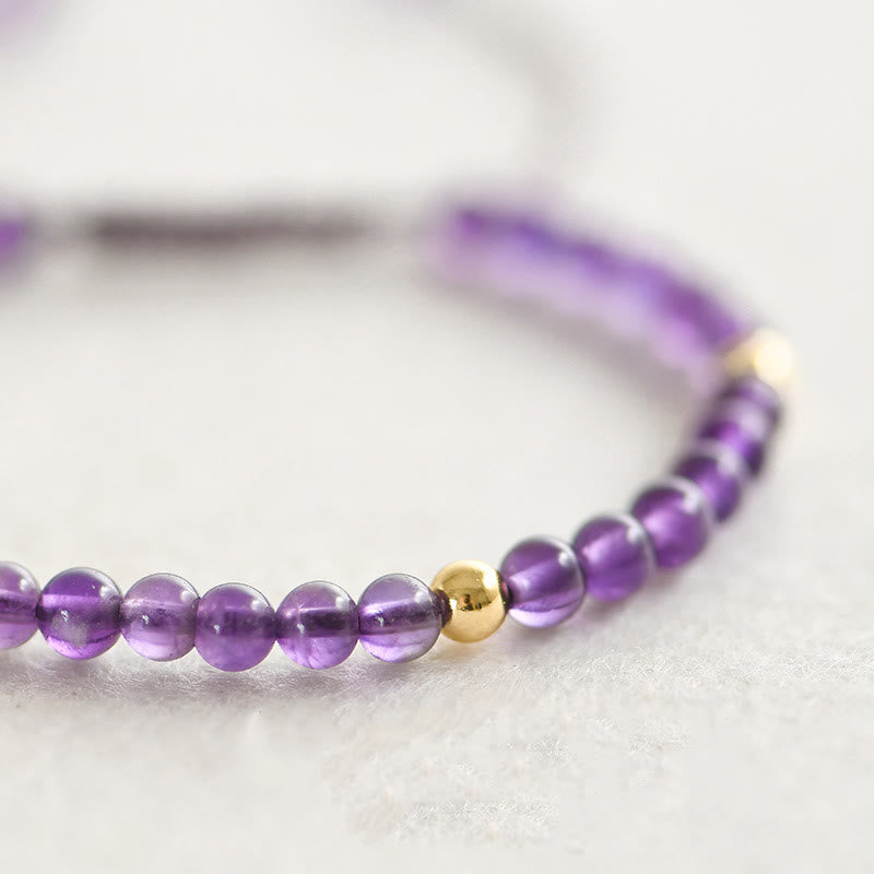 Fortune Jewel 4mm Handmade Natural Amethyst 14k Gold Plated Copper Beads Braided String Relieves Stress Bracelet