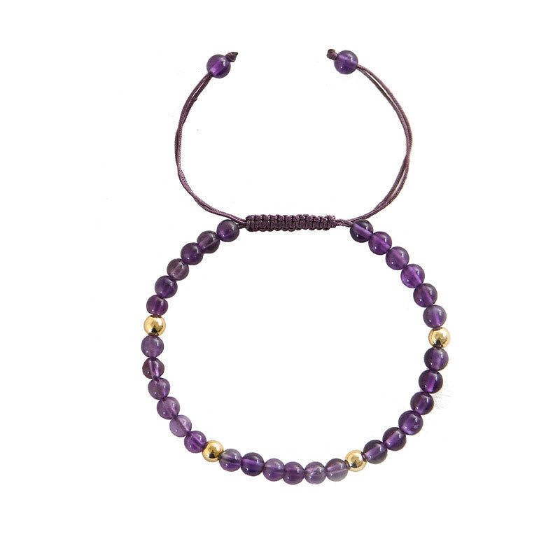 Fortune Jewel 4mm Handmade Natural Amethyst 14k Gold Plated Copper Beads Braided String Relieves Stress Bracelet