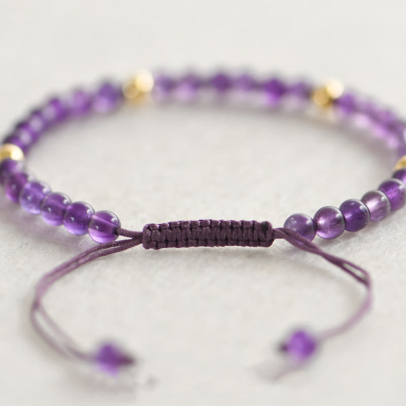 Fortune Jewel 4mm Handmade Natural Amethyst 14k Gold Plated Copper Beads Braided String Relieves Stress Bracelet