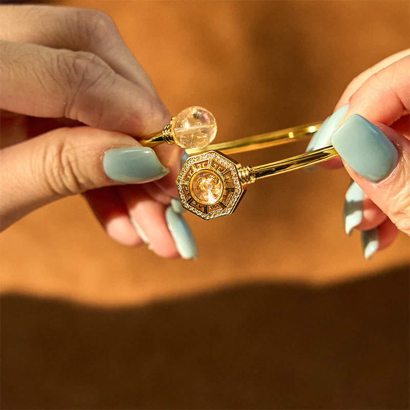 Fortune Jewel Rutilated Quartz Copper Brass Rotatable Windmill Feng Sheng Shui Qi Courage Bracelet Bangle
