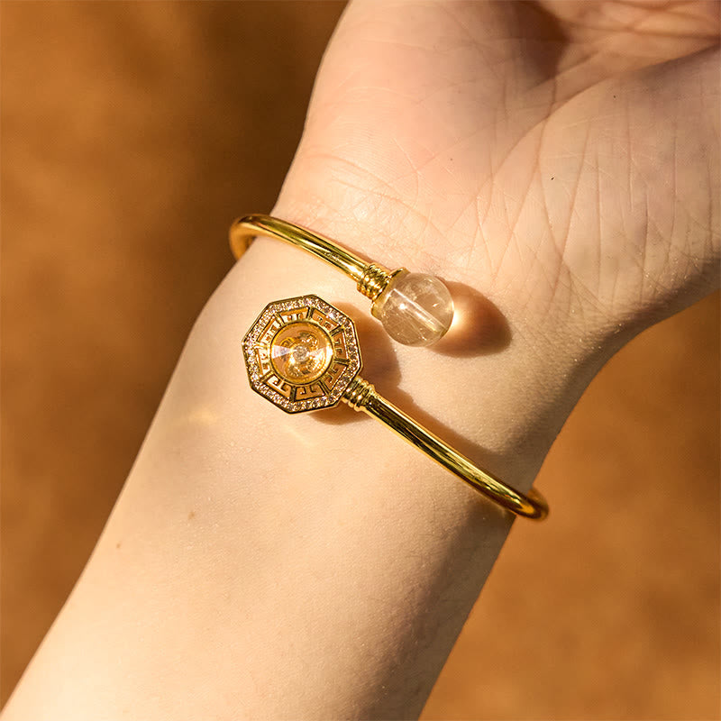 Fortune Jewel Rutilated Quartz Copper Brass Rotatable Windmill Feng Sheng Shui Qi Courage Bracelet Bangle