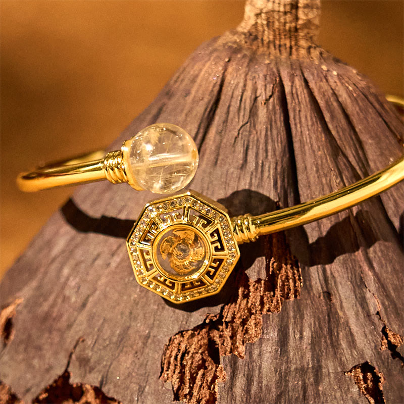 Fortune Jewel Rutilated Quartz Copper Brass Rotatable Windmill Feng Sheng Shui Qi Courage Bracelet Bangle