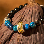 Fortune Jewel Silver Sheen Obsidian Blue Tiger Eye Om Mani Padme Hum Protection Bracelet