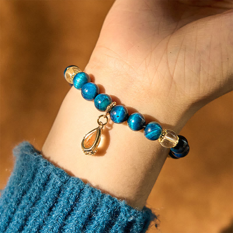 Fortune Jewel Blue Tiger Eye White Crystal Water Drop Strength Bracelet