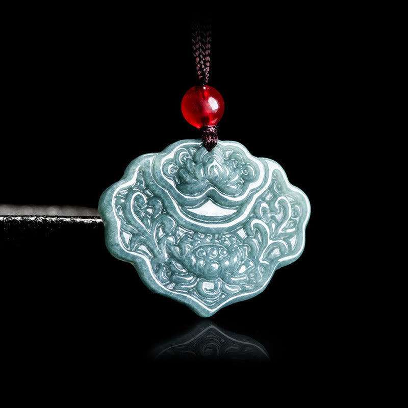 Fortune Jewel Lotus Pattern Carved Jade Abundance Prosperity Necklace Rope Pendant Fortune Jewel