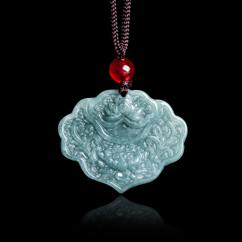 Fortune Jewel Lotus Pattern Carved Jade Abundance Prosperity Necklace Rope Pendant Fortune Jewel