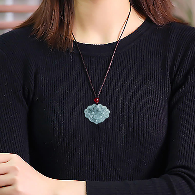 Fortune Jewel Lotus Pattern Carved Jade Abundance Prosperity Necklace Rope Pendant Fortune Jewel