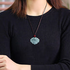 Fortune Jewel Lotus Pattern Carved Jade Abundance Prosperity Necklace Rope Pendant Fortune Jewel