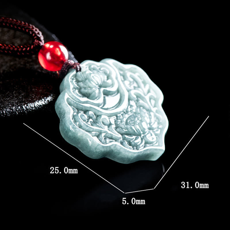 Fortune Jewel Lotus Pattern Carved Jade Abundance Prosperity Necklace Rope Pendant Fortune Jewel