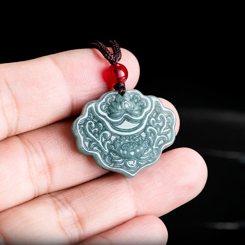 Fortune Jewel Lotus Pattern Carved Jade Abundance Prosperity Necklace Rope Pendant Fortune Jewel
