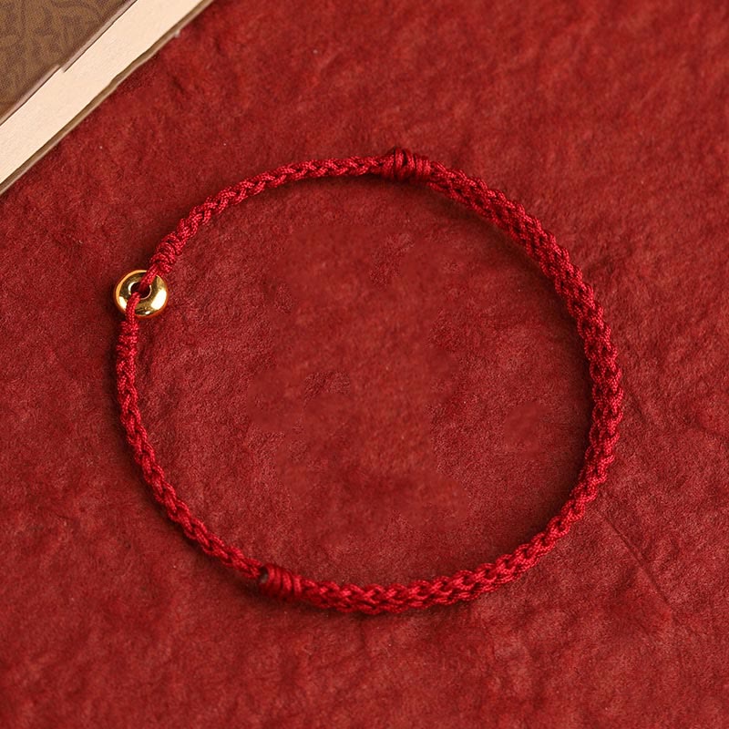 Fortune Jewel 999 Gold Small Peace Buckle Red String Protection Luck Braided Bracelet Anklet