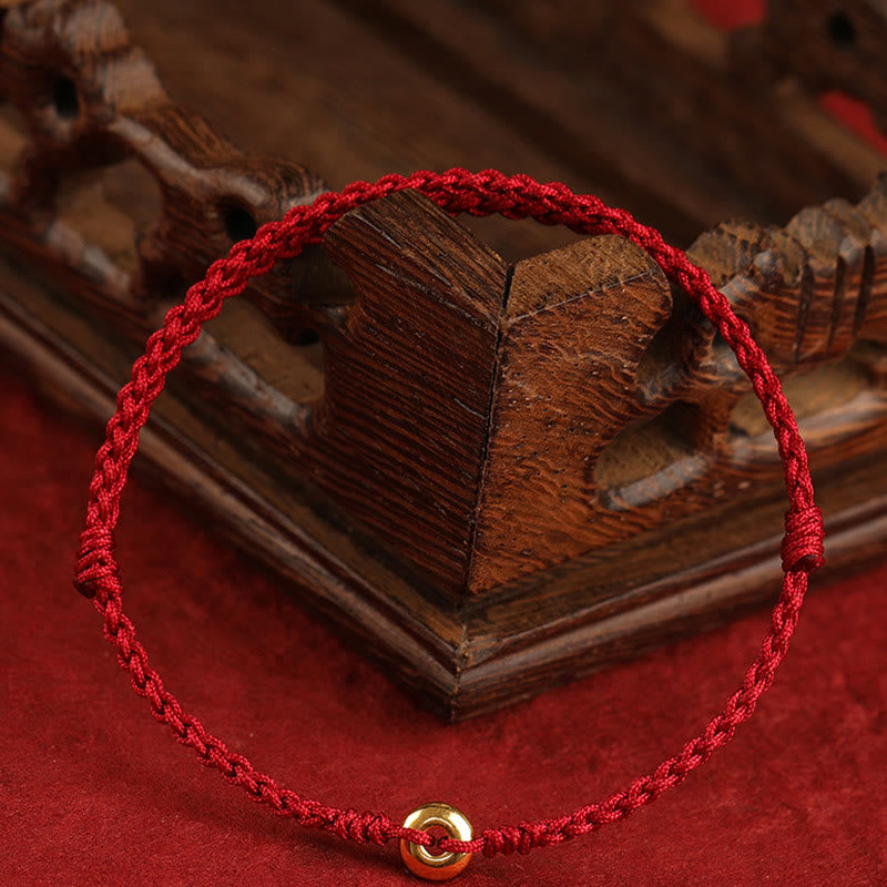 Fortune Jewel 999 Gold Small Peace Buckle Red String Protection Luck Braided Bracelet Anklet