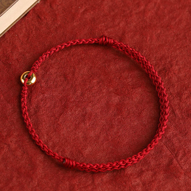 Fortune Jewel 999 Gold Small Peace Buckle Red String Protection Luck Braided Bracelet Anklet