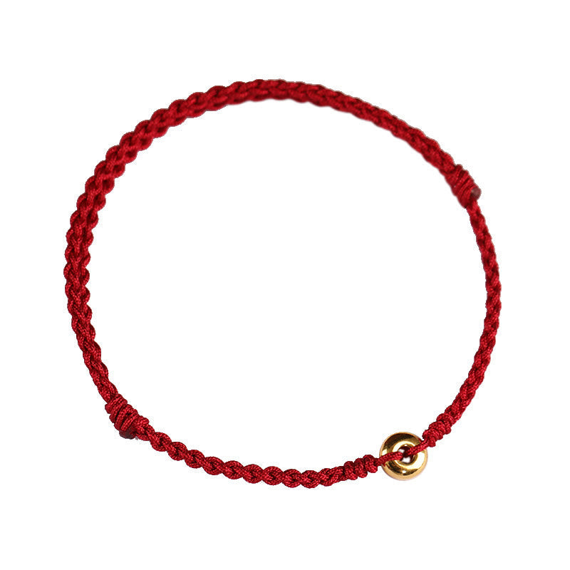 Fortune Jewel 999 Gold Small Peace Buckle Red String Protection Luck Braided Bracelet Anklet