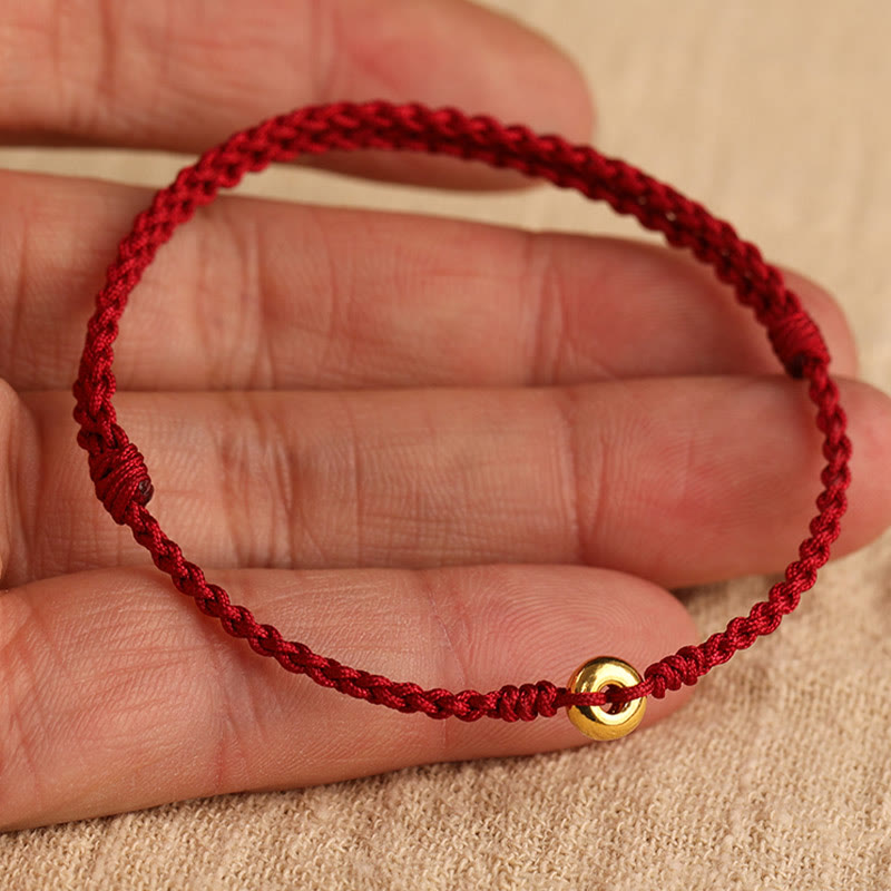Fortune Jewel 999 Gold Small Peace Buckle Red String Protection Luck Braided Bracelet Anklet