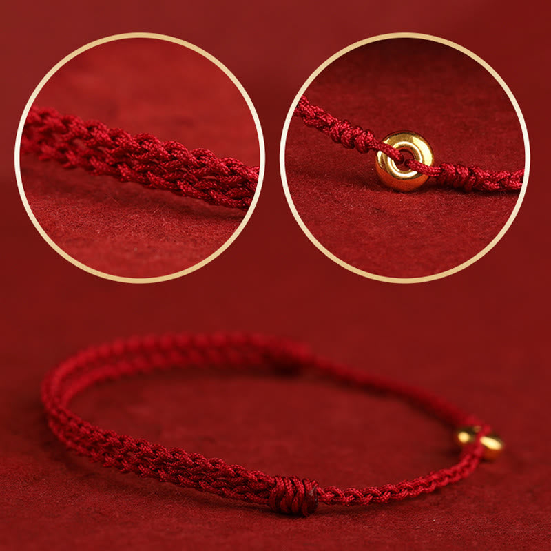 Fortune Jewel 999 Gold Small Peace Buckle Red String Protection Luck Braided Bracelet Anklet