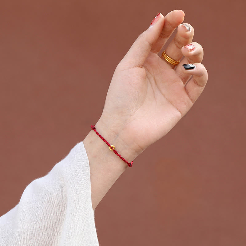 Fortune Jewel 999 Gold Small Peace Buckle Red String Protection Luck Braided Bracelet Anklet
