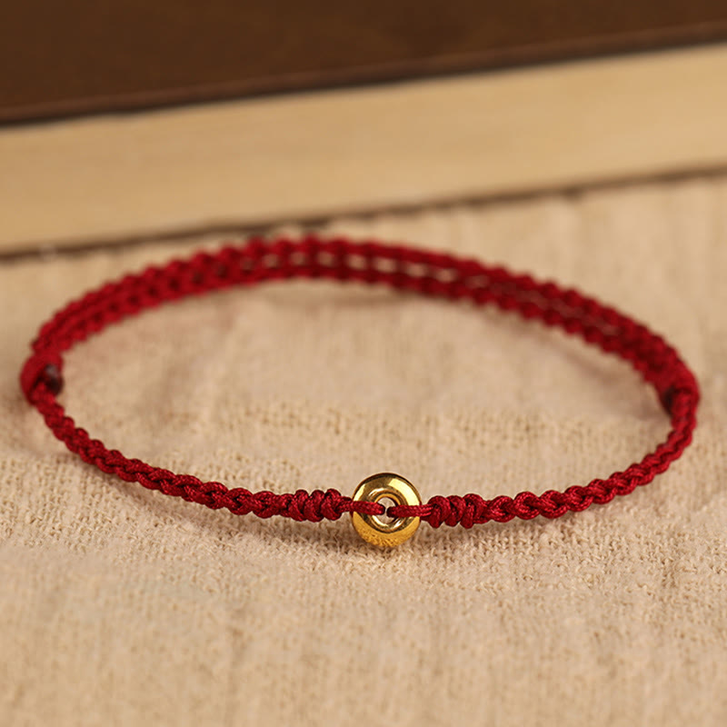 Fortune Jewel 999 Gold Small Peace Buckle Red String Protection Luck Braided Bracelet Anklet