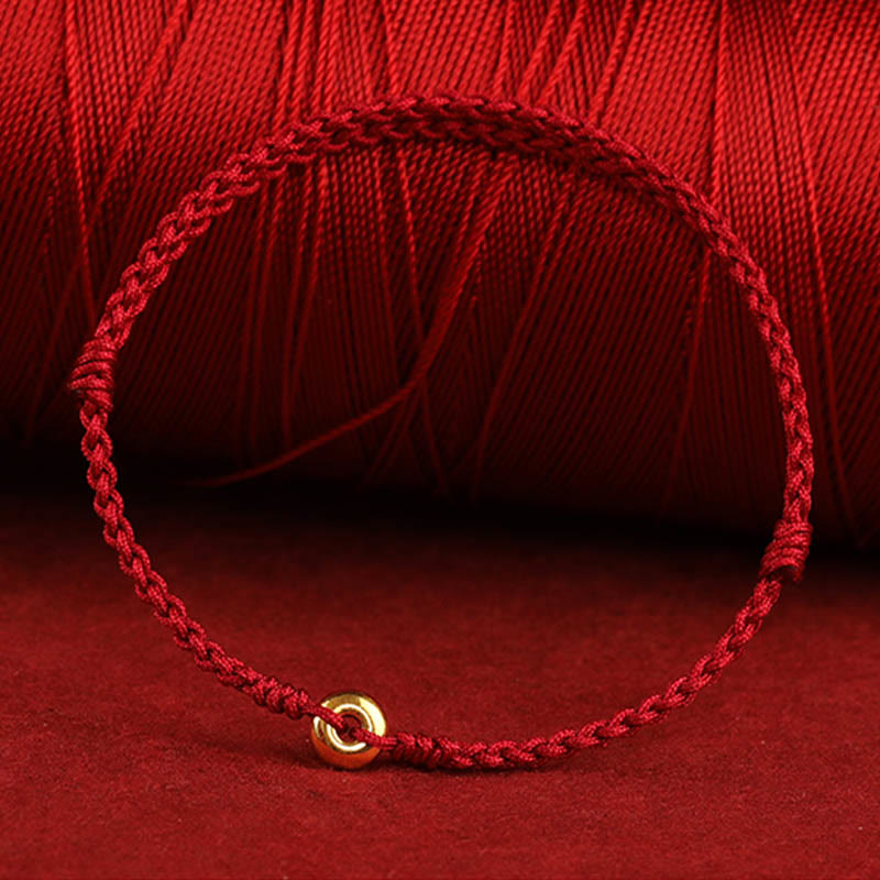 Fortune Jewel 999 Gold Small Peace Buckle Red String Protection Luck Braided Bracelet Anklet