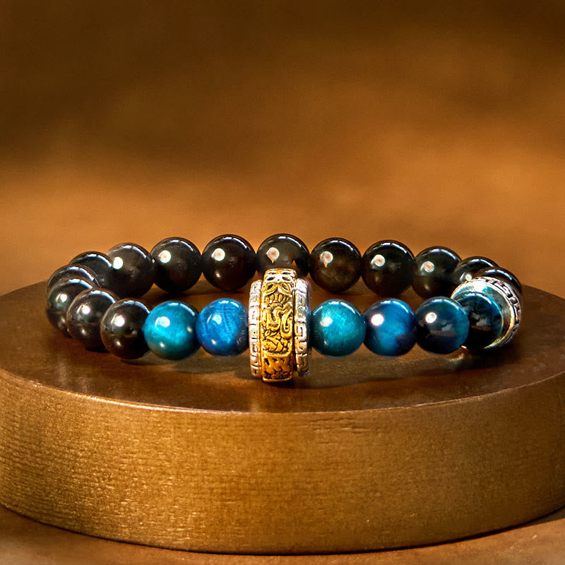 Fortune Jewel Silver Sheen Obsidian Blue Tiger Eye Om Mani Padme Hum Protection Bracelet