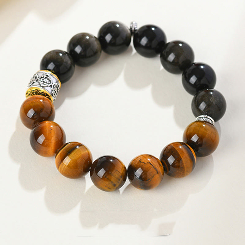 Fortune Jewel Tiger Eye Gold Sheen Obsidian Om Mani Padme Hum Bracelet