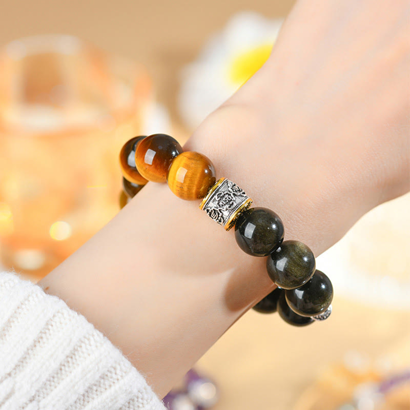 Fortune Jewel Tiger Eye Gold Sheen Obsidian Om Mani Padme Hum Bracelet