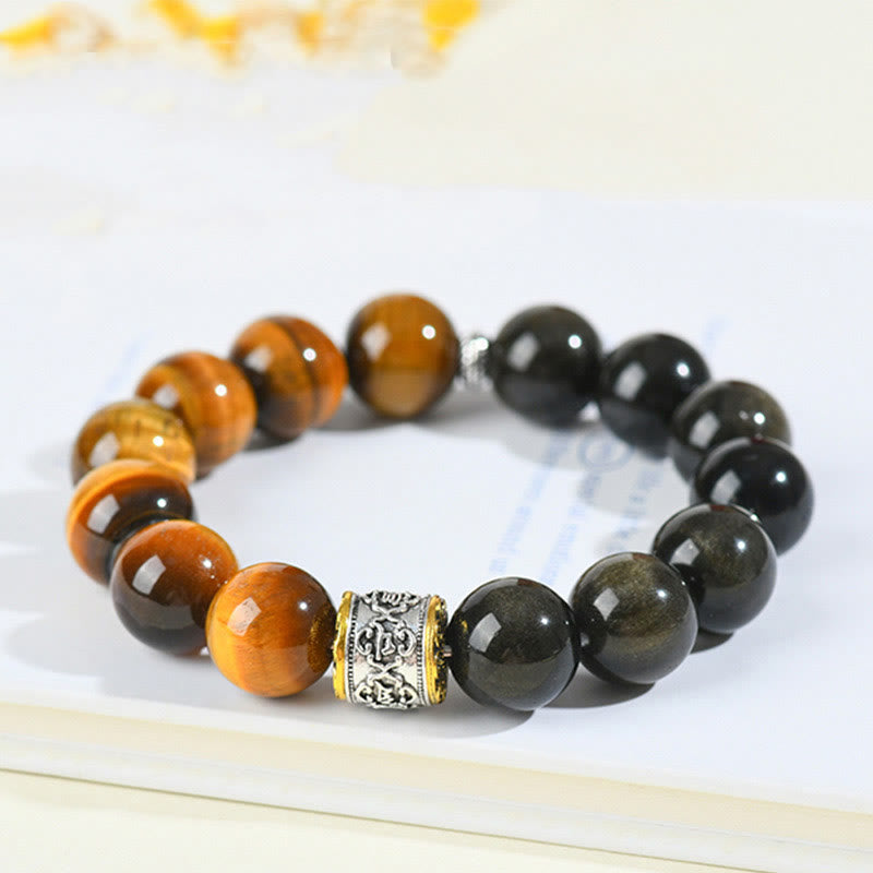 Fortune Jewel Tiger Eye Gold Sheen Obsidian Om Mani Padme Hum Bracelet