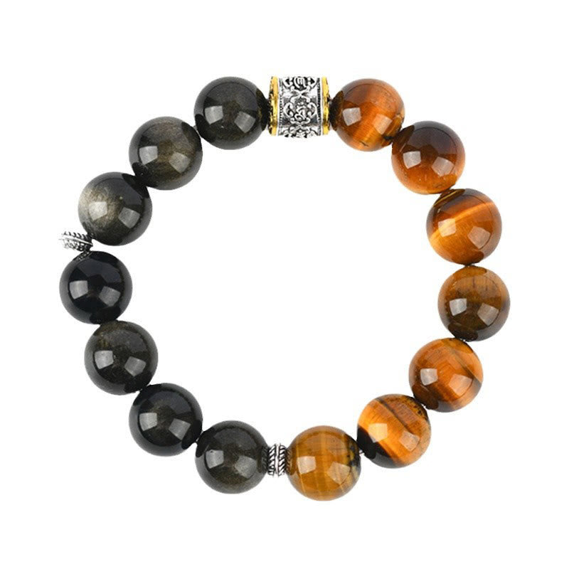 Fortune Jewel Tiger Eye Gold Sheen Obsidian Om Mani Padme Hum Bracelet