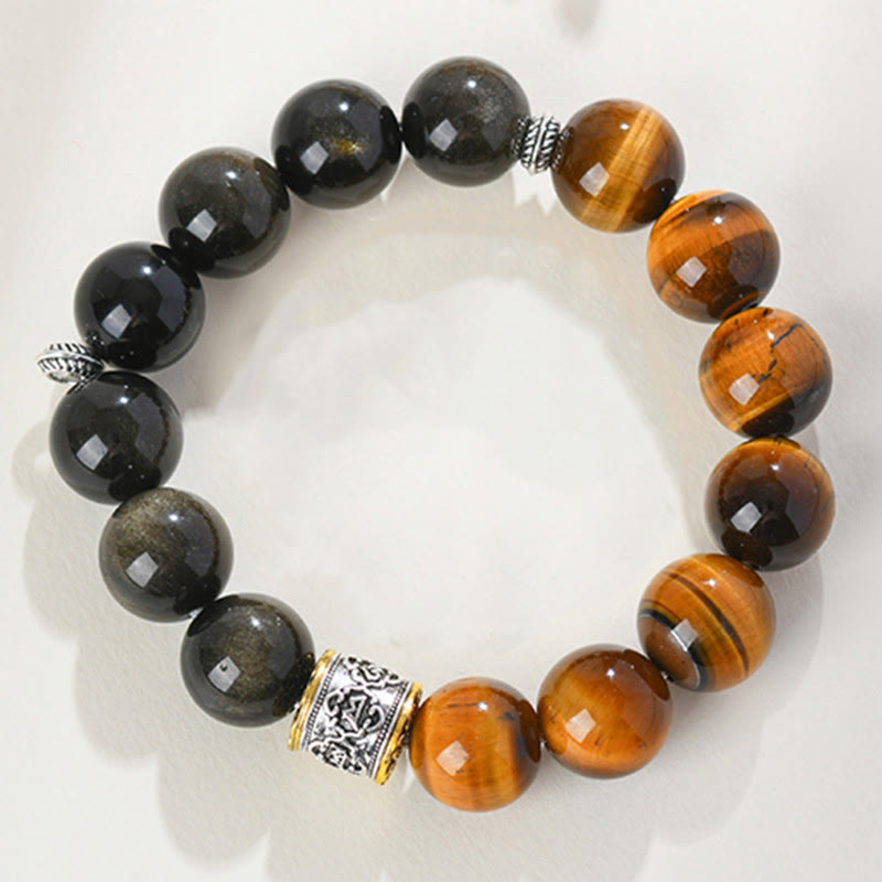 Fortune Jewel Tiger Eye Gold Sheen Obsidian Om Mani Padme Hum Bracelet