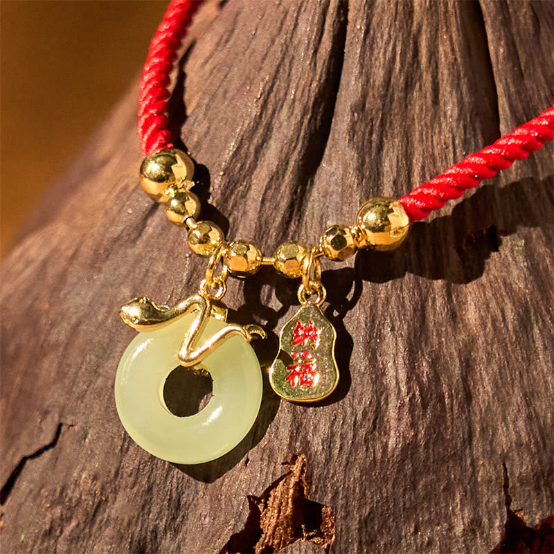 Fortune Jewel Copper Plated Gold Jade Peace Buckle Fu Character Year Of The Snake Red String Luck Bracelet