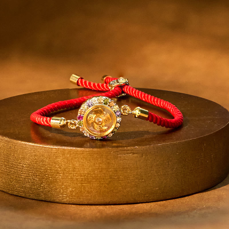 Fortune Jewel Copper Brass Color Rotatable Windmill Feng Sheng Shui Qi Fu Red String Faith Braided Bracelet