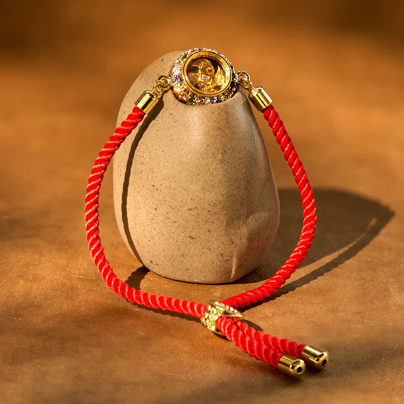Fortune Jewel Copper Brass Color Rotatable Windmill Feng Sheng Shui Qi Fu Red String Faith Braided Bracelet