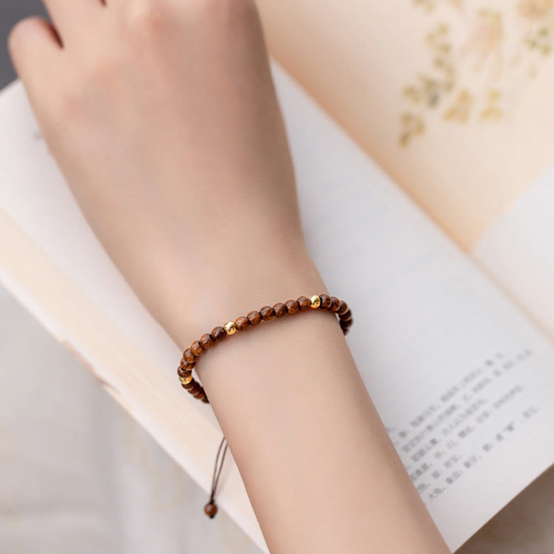 Fortune Jewel 4mm Ultra-thin Sandalwood 14K Gold Plated Copper Beads Protection Bracelet